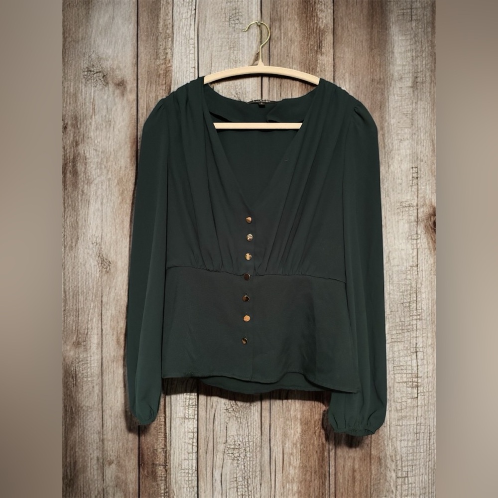Lulu's Dark Green Blouse with Gold Buttons